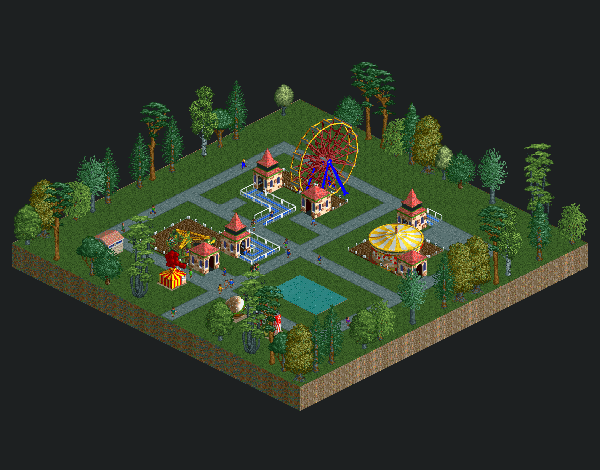 A small garden park with a Ferris wheel, carousel, shops, and a pond